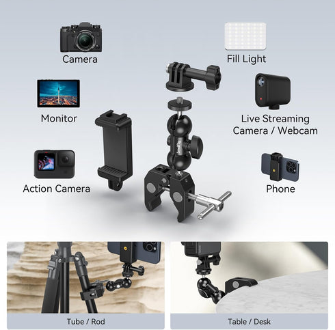 SMALLRIG Camera Mount Clamp Kit, Ball Head Magic Arm with Clamp, Super Clamp with Non-Slip Threads, for Gopro, Webcam, Camera, Phone, Monitor and ...