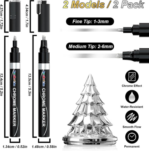 FansArriche Mirror Chrome Markers, Silver & Gold Liquid Permanent Reflective Gloss Chrome Metallic Paint Pens for Repairing, Model Painting, Marki...