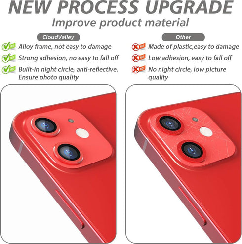 CloudValley ?2 Pack for iphone 12/12 Mini / 11 Camera Lens Protector, Ultra-HD Tempered Glass Cover, Aluminum Alloy Screen Cover, Red, with Cleani...