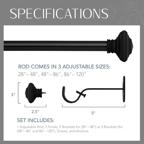 Elrene Home Fashions Florence Single Curtain Rod with Stacked Square Finials, 1" Diameter, (Antique Black), (28X48)...