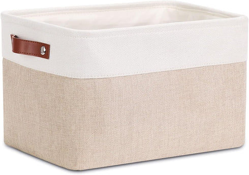 DULLEMELO Collapsible Rectangle Fabric Storage Basket for Organizing Clothes, Toys, Towels, Books, Laundry, Nursery, Dog Toys (White & Khaki)...