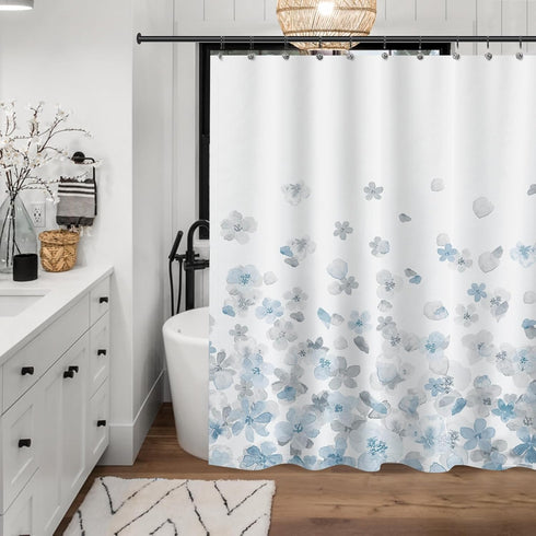 Sunlit Design Extra Long Simple Style Blue and Gray Flower Blossoms Fabric Shower Curtains for Bathroom Decor with White Background...