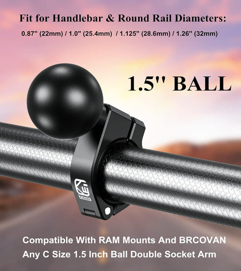 BRCOVAN Aluminum Alloy Handlebar Clamp Mount Base with 1.5'' TPU Ball, Fit on 0.875''/1''/1.125''/1.26'' Round Rails, Compatible with RAM Mounts C...