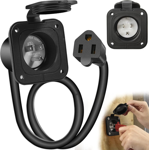 GeepKey 15 Amp Flanged Inlet 125V with Integrated 18" Extension Cord, NEMA 5-15 RV Plugs Receptacle with Waterproof Cover, Straight Blade/ETL Appr...