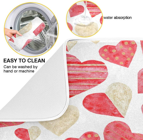 Red Gold Watercolor Hearts Love Dish Drying Mat 16x18 for Kitchen Valentine's Day Love Flowers Dishes Pad Dish Drainer Rack Mats Absorbent Fast Dr...