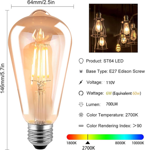 HESSION ST64 LED Edison Bulbs, 4W Equivalent 40W, Soft Light Amber Glass 2700K, LED Filament Bulbs with 90+ CRI E26 Medium Base, Dimmable Light Bu...