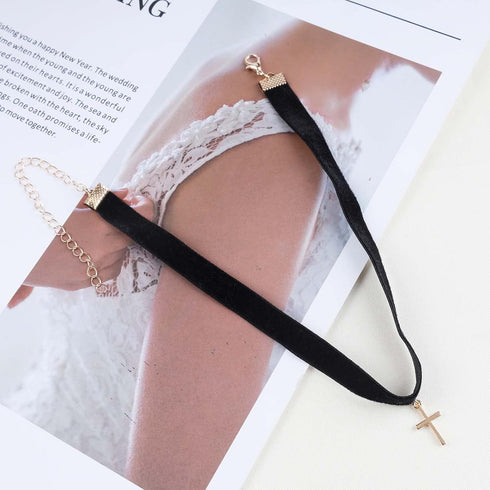 Gothic Velvet Choker Necklace Cross Pendant Necklace Short Suede Collar Necklace Black Wide Choker Necklace Jewelry for Women and Girls...