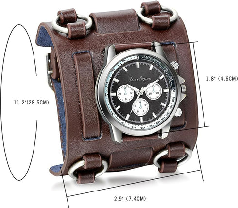 JewelryWe Black Brown Hip-hop Gothic Punk Style Men Watch Wide Leather Fashion Cuff Wristwatch...