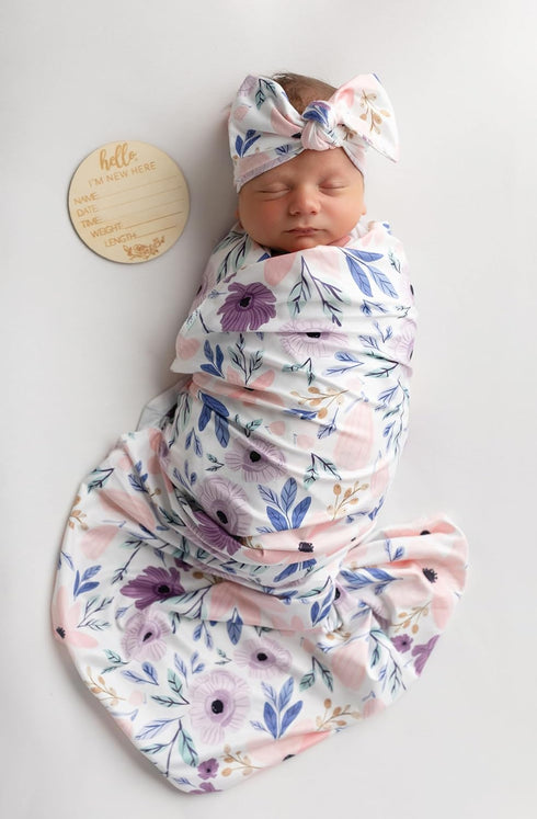 Newborn Baby Girl Receiving Blanket Swaddle Blanket Stretchy Knit Swaddle Set with Matching Headband Beanie with a Name Card (Pink and Purple Flor...