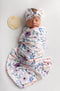 Newborn Baby Girl Receiving Blanket Swaddle Blanket Stretchy Knit Swaddle Set with Matching Headband Beanie with a Name Card (Pink and Purple Flor...