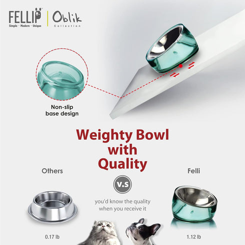 Felli Pet Oblik Anti Whisker Fatigue Cat Bowl Raised Stainless Steel Angled Wide Shallow Dish for Dry Wet Food, Vomit & Spill Proof Tilted Elevate...