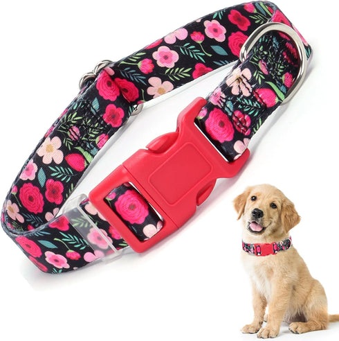 Girl Dog Collar with Red Flowers, Cut Female Dog Collar with Quick Release Buckle & Adjustable Comfy Pet Collar for Small Medium Large XL Dogs (Re...