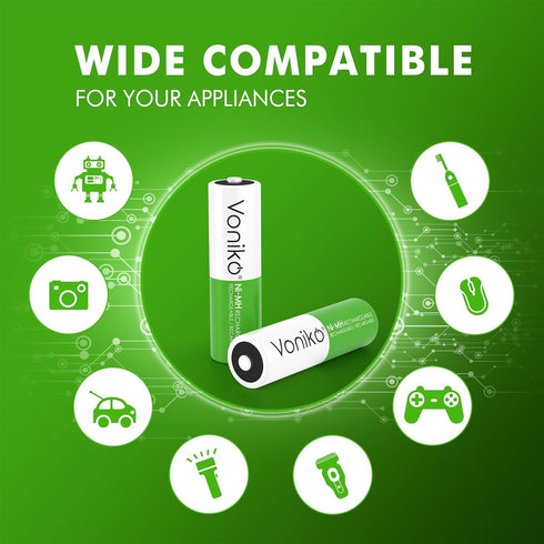 Voniko Rechargeable AA NiMH Enecycle Double A Batteries 12 Pack – Ultra Long Lasting, 2100mAh, Recharge up to 1000x Times, Pre-Charged (1.2V)...