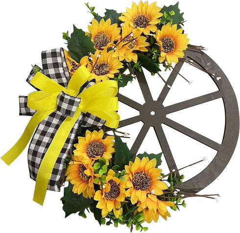 Sunflower Wagon Wheel Wreath for Front Door, Wooden Wheel Wreath with Sunflower and Bow, Spring Wheel Wreath, Wall Home Porch Farmhouse Decor Outd...