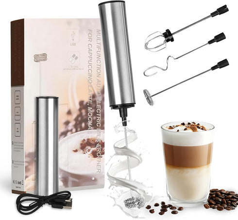 Milk Frother Rechargeable (USB) with 4 Electric Whisk Frother Tools, Easy-to-Use Handheld Stirrers Electric Powered for Mixing Coffee, Latte, Eggs...