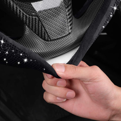 Women Fashion Black Velvet Bling Steering Wheel Cover with Black Diamonds, 15 inch Standard Glitter Rhinestone Car Wheel Cover Sparkling, Full Cov...
