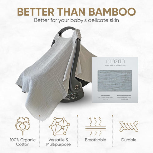 MOZAH Baby Car Seat Cover - Belgian Grey - 100% Organic Muslin - Soft, Breathable and Lightweight, Baby Infant Car Seat Essentials...