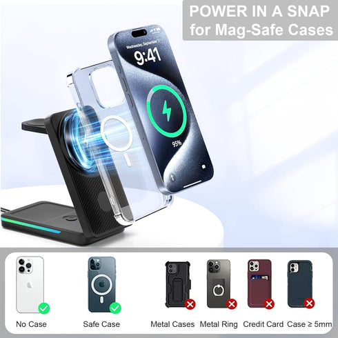 3 in 1 Wireless Charging Station with Magsafe Charger Stand, Foldable Magsafe Charger for iPhone 15 Pro Max/14/13/12, Foldable Charger 3 in 1 for ...