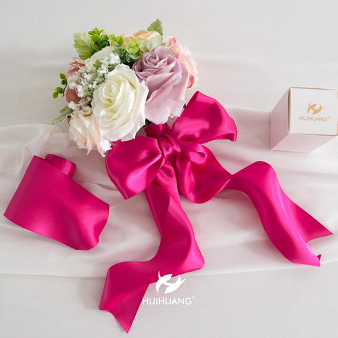 HUIHUANG Hot Pink Ribbon 4 inch Wide Double-Faced Satin Ribbon Fuchsia Ribbon for Wedding Chair Sash Bridal Shower Decor Large Bows Making Flower ...