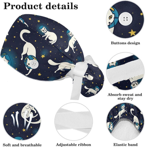 Space Cats Cute Scrub Caps Surgical Women with Button Adjustable Hats Surgical Caps with Scrunchie for Women...