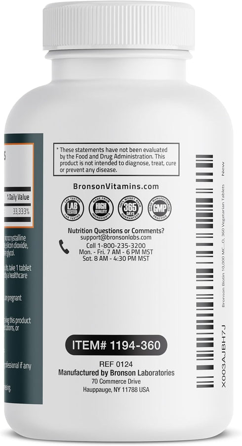 Bronson Biotin 10,000 MCG Supports Healthy Hair, Skin & Nails & Energy Production - High Potency Beauty Support - Non-GMO, 360 Vegetarian Tablets...