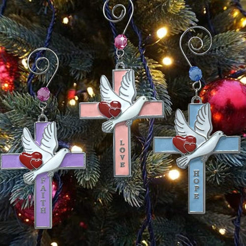 Faith Hope Love Cross Christmas Ornaments - Set of 3 - Religious Crosses with Doves, Hearts and Embossed Words - Inspirational Xmas Gift - 3" H...
