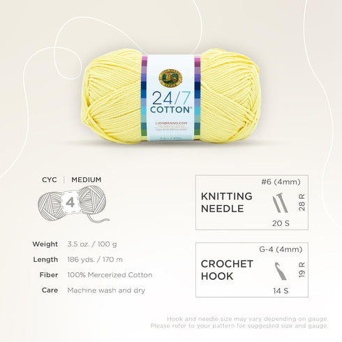 Lion Brand Yarn Lightweight 24/7 Cotton Yarn for Knitting, Crocheting, and Crafts, Lemon, 1 Pack...