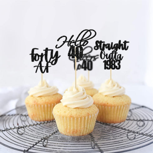 Gyufise 48 Pack Black Glitter Hello 40 Cupcake Toppers Glitter Forty Cheers to 40 Straight Outta 1983 Cupcake Picks for 40th Birthday Anniversary ...