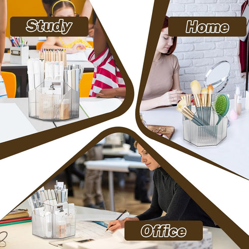 Clear Rotating Pen Holder 5 Compartments, 360 Degree Spinning Desk Organizer, Office Marker Crayon Organizer Storage, Pencil Cup Caddy for Art Sup...