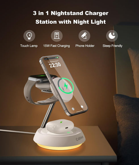 3 in 1 Wireless Charging Station with Light for Apple Devices, 15W Magnetic Wireless Charger Stand Fast Charging for iPhone 15 14 13 12, AirPods a...
