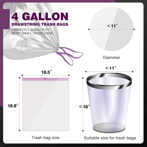 JOYEUX Small Trash Bags 4 Gallon - Drawstring Small Garbage Bags, White Mini Trash Can Liners for Bathroom, Bedroom, Office, Faint Scented, 45 Cou...