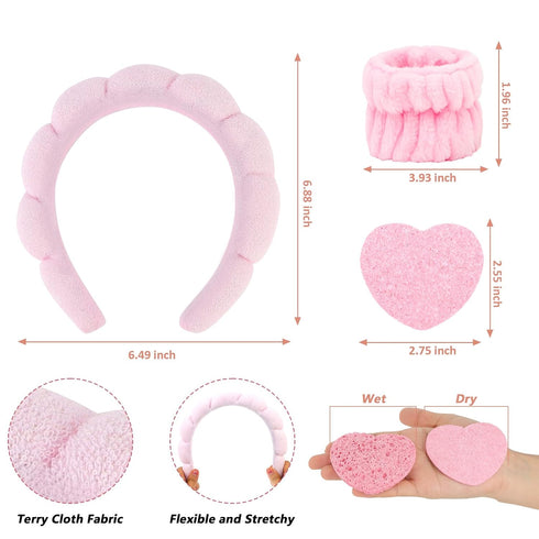 WHAVEL Spa Headband and Wristband Set, Skincare Headband Puffy Headbands Face Wash Makeup Wrist Bands for Washing Face, with 4PCS Facial Sponges S...