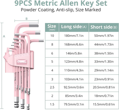 COLFULINE 9 PCS PINK Allen Key Set, Long Ball End Hex Key Set, Cr-V Allen Wrench Set for Women, Size 1.5-10mm with Colour-Coding for Best Gifts an...