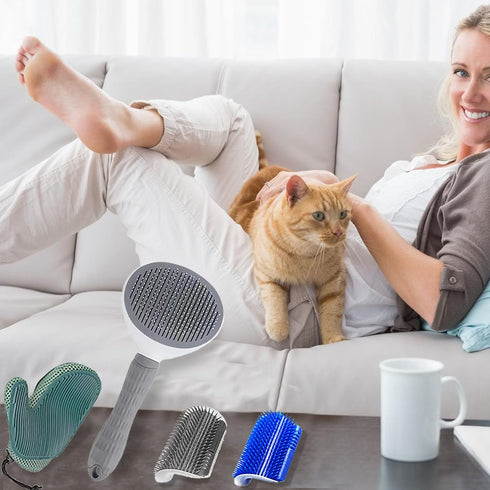 4 Pcs Cat Grooming Kit: Self-Cleaning Slicker Cat Brush, Deshedding Glove, and Cat Corner Massagers for Effortless Shedding, Detangling, and Relax...