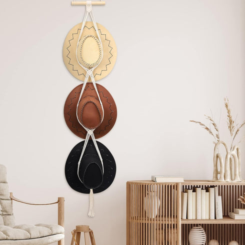 ZYP Macrame Hat Hangers Boho Hat Rack for Wall Hat Holder Display Organizer Bobo Hanging Hat Organizer Storage for Wide Brim Hats...