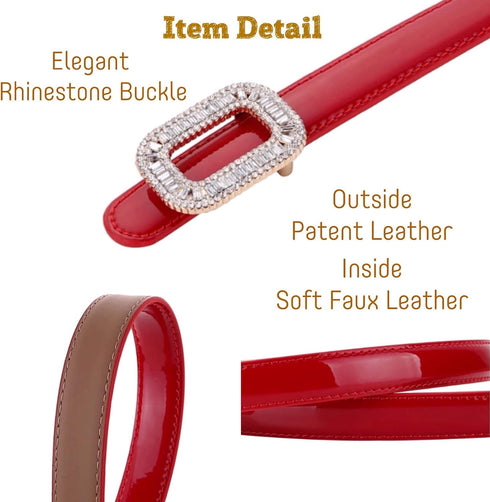 Women's Belt Dress Genuine Leather Skinny Patent Leather Belts Gold Rectangle Shiny Rhinestone Buckle Waistband...