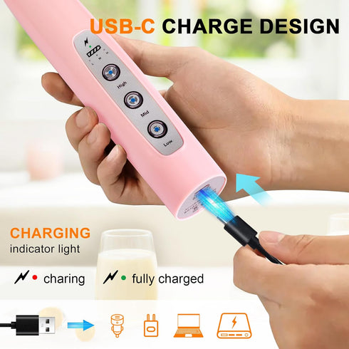 YUSWKO Pink Handheld Milk Frother Wand with Stand for Coffee, Rechargeable Electric Whisk with 3 Heads 3 Speeds Drink Mixer Coffee Frother For Lat...