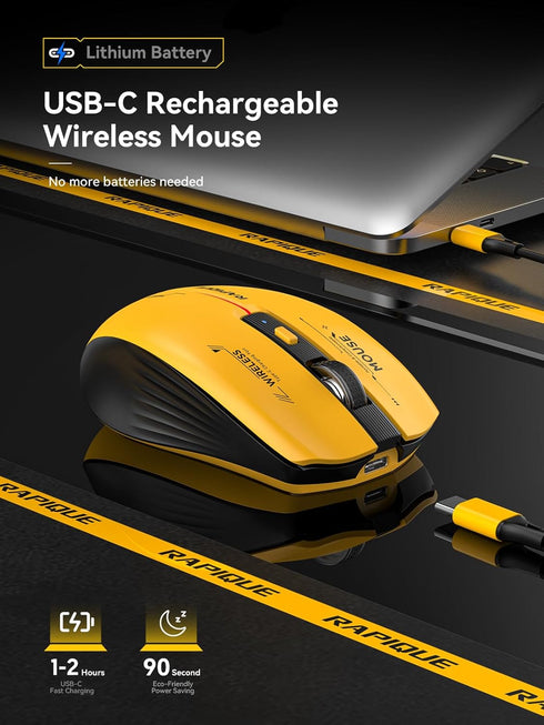 Bluetooth Wireless Mouse - (BT1/BT2+USB Receiver) Tri-Device Compatibility for PC, Laptop, Computer, MacBook, Tablet (Black and Yellow)...