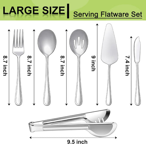 E-far Serving Utensils, 6 Pieces Stainless Steel Serving Spoon, Slotted Spoon, Fork, Tong, Cake Server and Butter Knife for Parties Buffet Banquet...