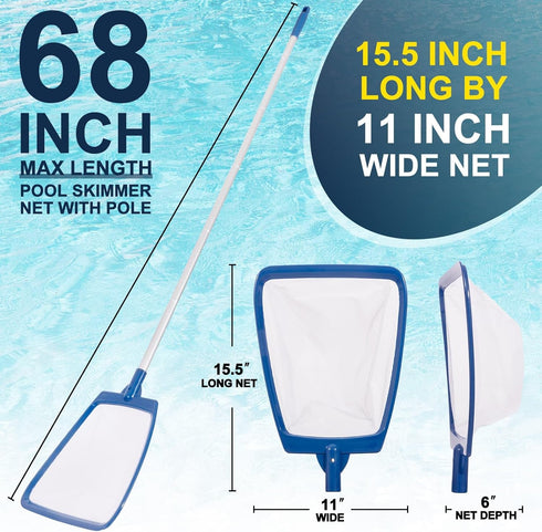 Pool Skimmer Net with Pole, Ultra Fine Mesh Pool Nets for Cleaning with Pole, Semi-deep Pool Net Skimmer with 68'' Thickened Aluminum Pole, Pool L...