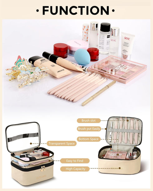 Cosmetic Bags for Women Clear Leather Double Layer Makeup Bag - Large Travel Skincare Bag For Travel Organizer Toiletry Bag - Beige...