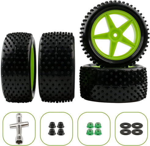 1/10 RC Rubber Tire 4pcs Front & Rear Tires and Wheels with Flange Lock Nuts Washers and Wrench for 1/10 Off Road RC Buggy Redcat Tornado S30 EPX ...