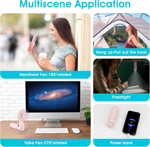 Pink Handheld Fan, Portable Fan Bullet Shape 3000mAh USB Rechargeable Battery Operate 6 IN 1 Personal Fan Foldable Lightweight Travel Essential wi...