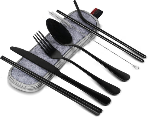Travel Utensils with Case, 8Pcs Portable 304 Stainless Steel Flatware Set for Camping Picnic Office, Travel Camping Cutlery(Black)...