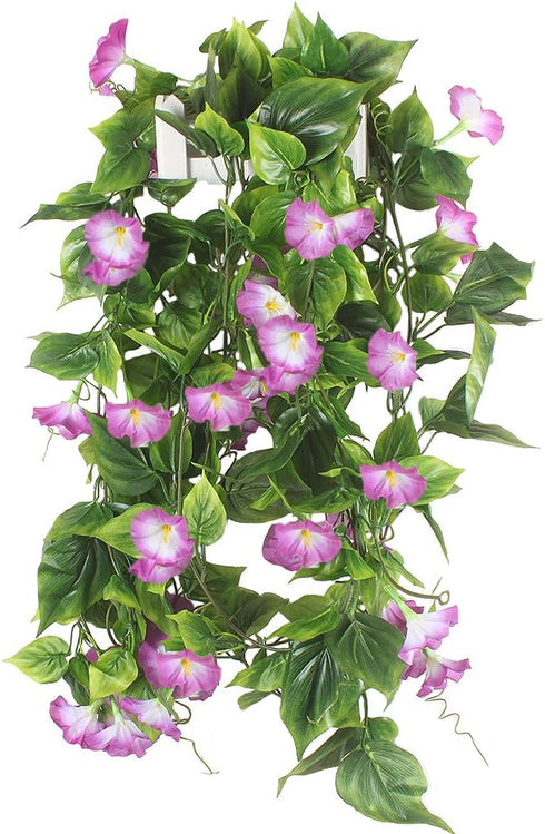GTIDEA Artificial Vines, 2pcs 15Feet Morning Glory Hanging Plants Silk Garland Fake Green Plant Home Garden Wall Fence Stairway Outdoor Wedding Ha...