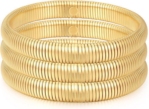 3 pcs Chunky Gold Bracelet Bangle Adjustable Wide Wristband Bracelets Set 18K Gold Plated Stretch Bangles for Women Men Trendy...