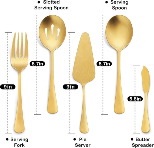 LIANYU 5-Piece Matte Gold Serving Utensils Set, Stainless Steel Serving Set Include Serving Spoon Fork, Flatware Serving Pieces for Buffet Caterin...