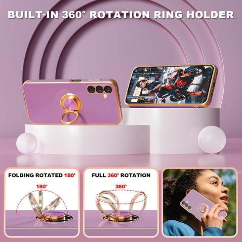 ?for Galaxy A14 5G Phone Case,+Screen Protector,with Magnetic Kickstand,Built-in 360° Rotation Ring Holder,Plating Gold Edge Slim Soft TPU Shockpr...