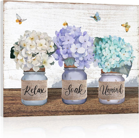 Hydrangea Wall Art Bedroom Decor: Relax Soak Unwind Wall Art Floral Paintings Aqua Flower Pictures Wall Decor Modern Farmhouse Style Butterfly Pri...