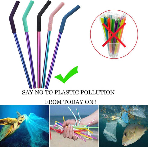 Senneny Set of 5 Stainless Steel Straws with Silicone Flex Tips Elbows Cover, 2 Cleaning Brushes and 1 Portable Bag Included (Colorful)- 8mm diame...